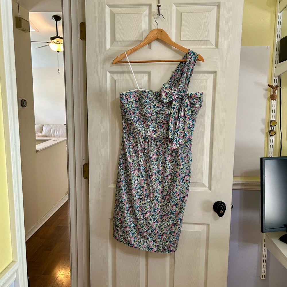 Preloved J. Crew Liberty print, one shoulder dress. Size 8.